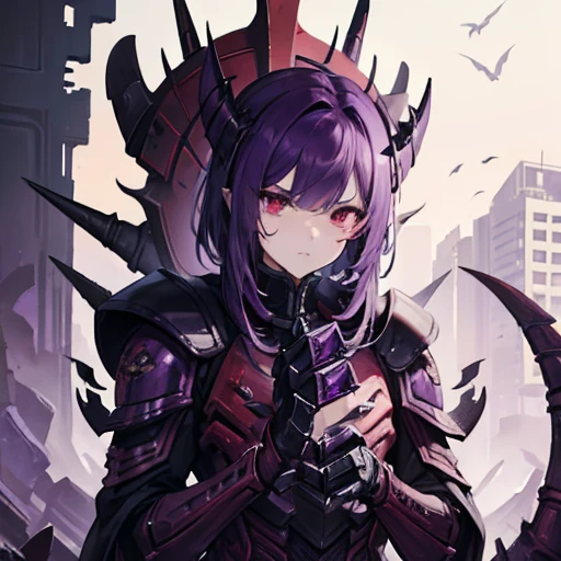 1male, high res, high detail, masterpiece, dark and  purple and white exoskeleton, tyranid, warhammer 40k, human face, bug hybrid, red eyes, white skin, dark purple head crest, purple hair, long tail with a stinger, spikes, claws, boy,  perfect face, perfect hands, , destroyed city background, male, king, boy, 