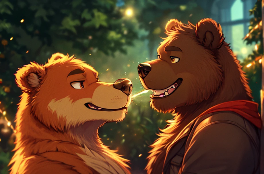 (masterpiece, highest quality, 16k, high quality, best quality:1.3, highres, digital painting \(artwork\), anthropomorphic, furry, bear, dog, uploaded_on_e621:1.4, detailed background,amazing background,light particles), SDNose2Nose, male/male, side view, nose to nose, boop, nose boop, 