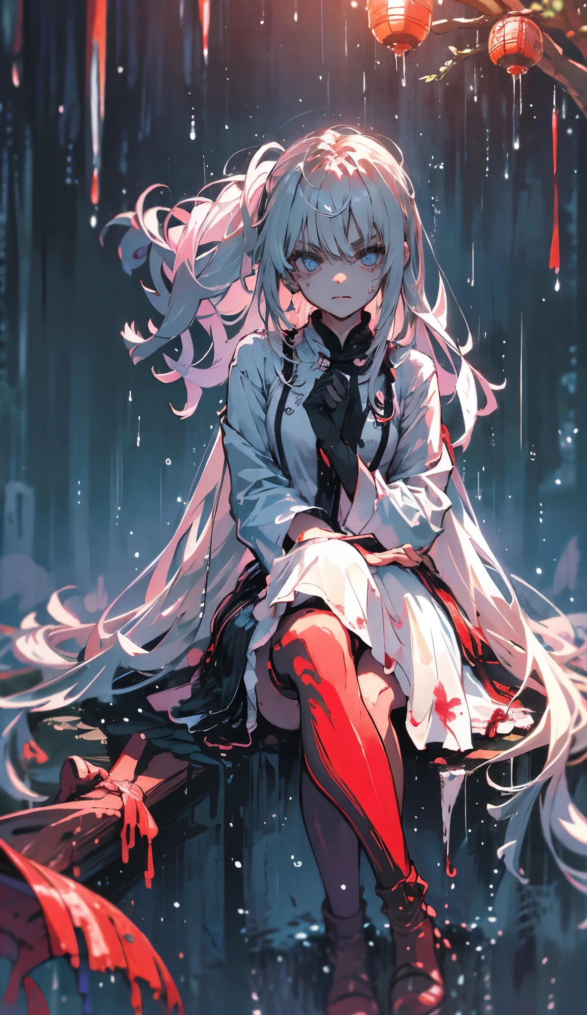 Masterpiece, best quality, night, outdoors, rainy days, branches, Chinese style, ancient China, 1 woman, mature woman, silver white long haired woman, gray blue eyes, light pink lips, cold, serious, weak, bangs, assassins, short knives, white clothes, black clothing patterns, blood stains, blood, injuries, blood on the face, blood on the clothes, rain, fine face, fine face,