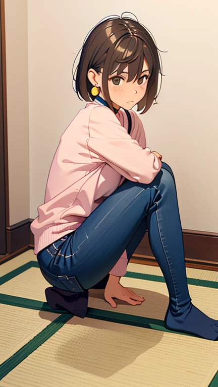 1 woman、Brown Hair、 short hair、 big earrings that reach the wall、sitting, (legs folded to the side:1.3), (knees together and angled to one side:1.2), (feet tucked 
behind:1.2), relaxed posture, (not seiza:1.3), casual sitting, comfortable pose, (asymmetrical leg 
position:1.2) 