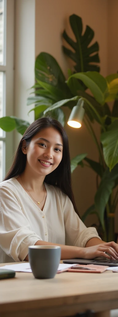 A cheerful Filipino virtual assistant working at her computer, smiling confidently as she types. She's seated at a modern, organized workspace with a laptop and a few neatly arranged office supplies. The background shows a cozy home office with soft lighting, tropical plants, and a cup of coffee nearby. Her expression is bright and happy, conveying productivity and satisfaction with her work. The scene is warm and inviting, capturing the positive energy of a remote work environment.