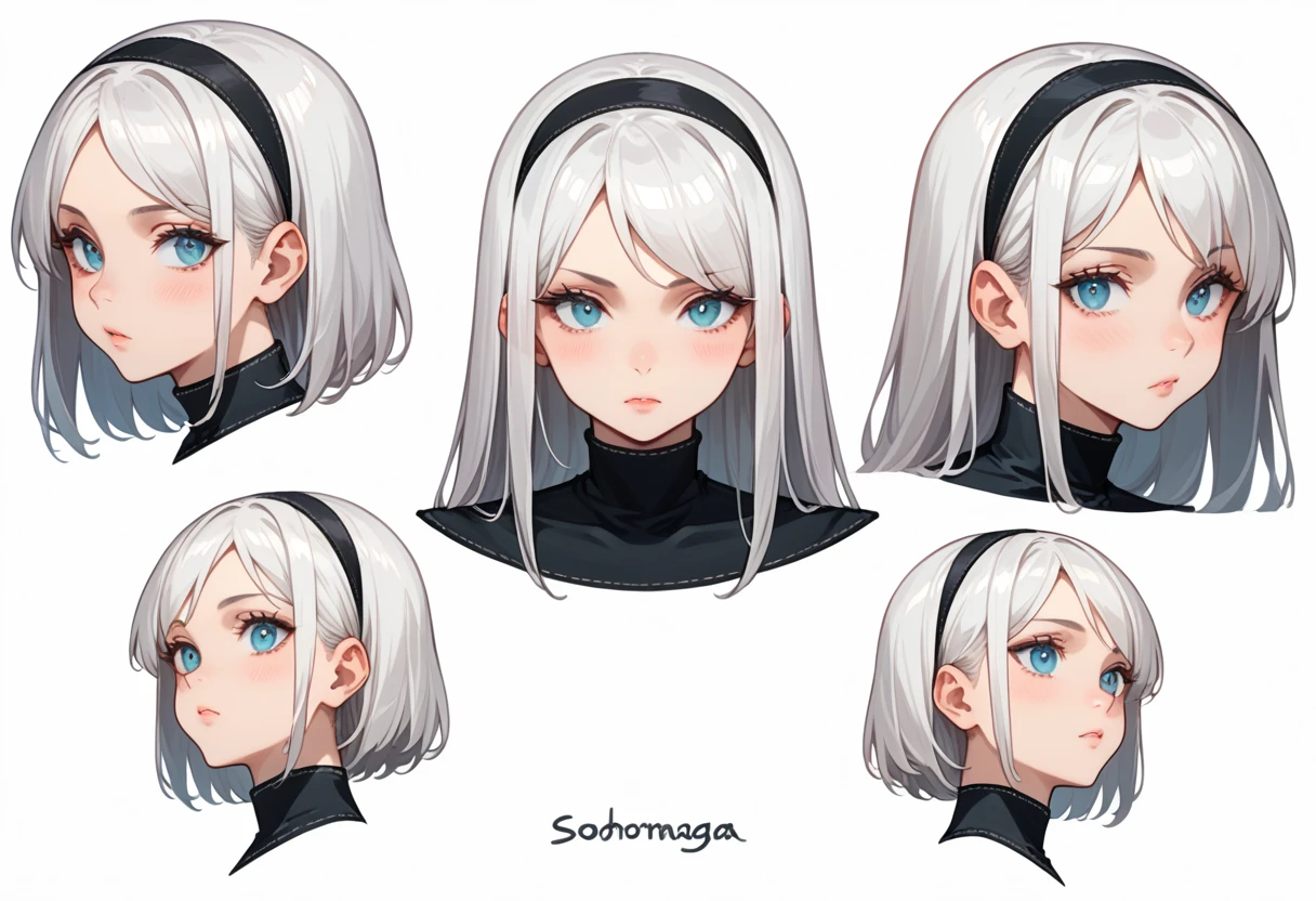 character sheet desing lady 2b from nier automata, only head. beauty face, perfect proportion, beauty, ultra detailed face. views: front view, orthogonall side view and back view. (only head view) 3 views. beauty eyes. orthogonall views, no perspetive only orthogonal views. straight head, orthogonal view. symmetry. only 3 views. (front and back view) orthogonal views. only 3 orthogonal views.
