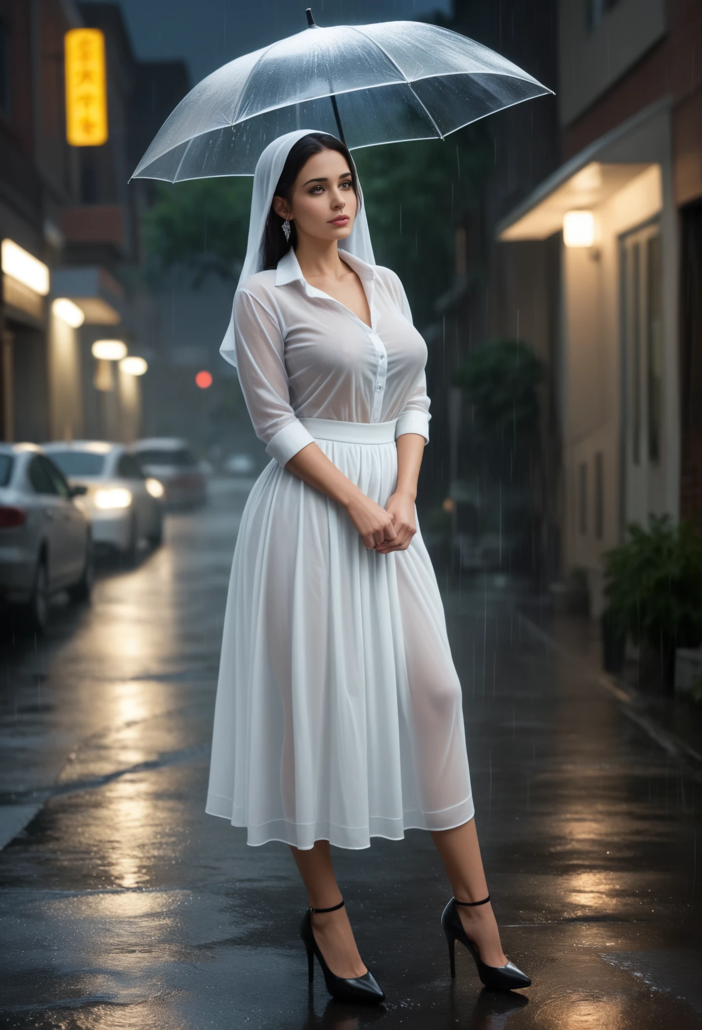 a beautiful woman with hijab,Elegant pleated long white skirt,semi-transparent shirt,big breasts,standing full body in the rain,high heels,on a street at night,wet by the rain,(The best quality,4k,8K,high resolution,masterpiece:1.2),Ultra detailed,(realistic,photorealistic,photo-realistic:1.37),portrait,Cinematographic lighting,dramatic shadows,melancholic atmosphere,realistic rain effects,bokeh,detailed facial features,hypnotizing eyes,delicate lips,elegant pose,cinematographic composition looking at the camera