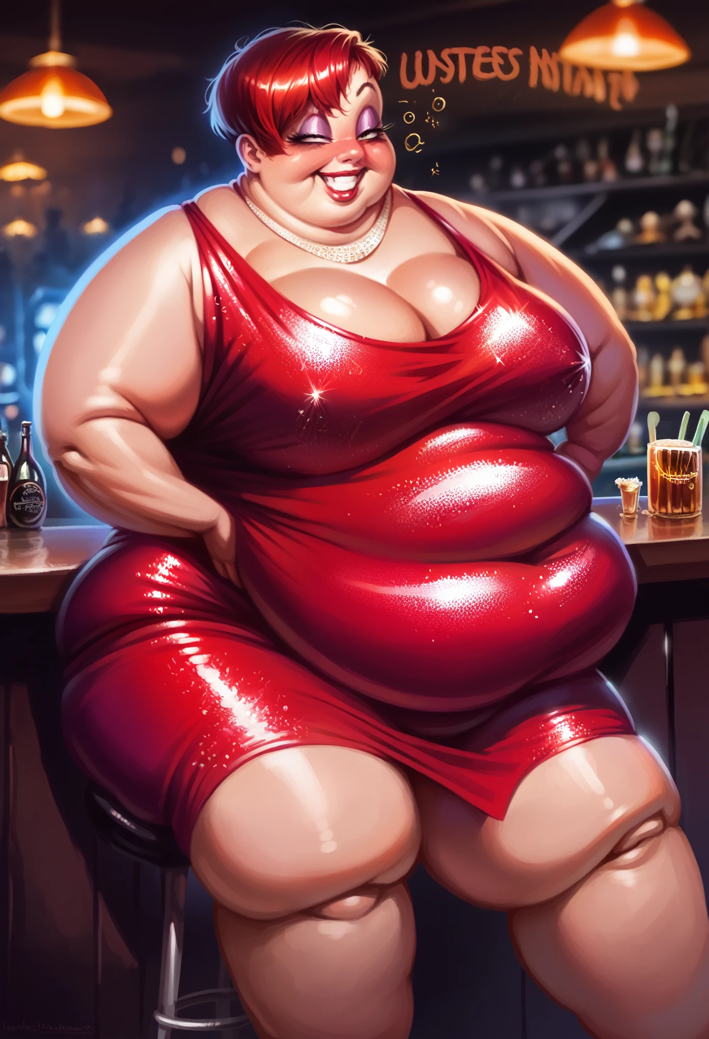 One obese girl, heavy dark makeup, tight cocktail dress, sequins on dress, necklace in cleavage, one bare leg, breast outline,, covered belly, big smile, (), red colored hair, (fat:1.2), extravagant hair style, (), detailed light and shadow, volumetric lighting, Jessica Rabbit (very large breasts:1.3), ((drunk emotions)) red dress, , volumetric lighting, cinematic composition, highly detailed, photorealistic, 8k, best quality, masterpiece, long full breasts (at night in a bar) (very short hair:1.5), (pixie cut:1.2) (normal legs:1.2), (double chin:1.2)