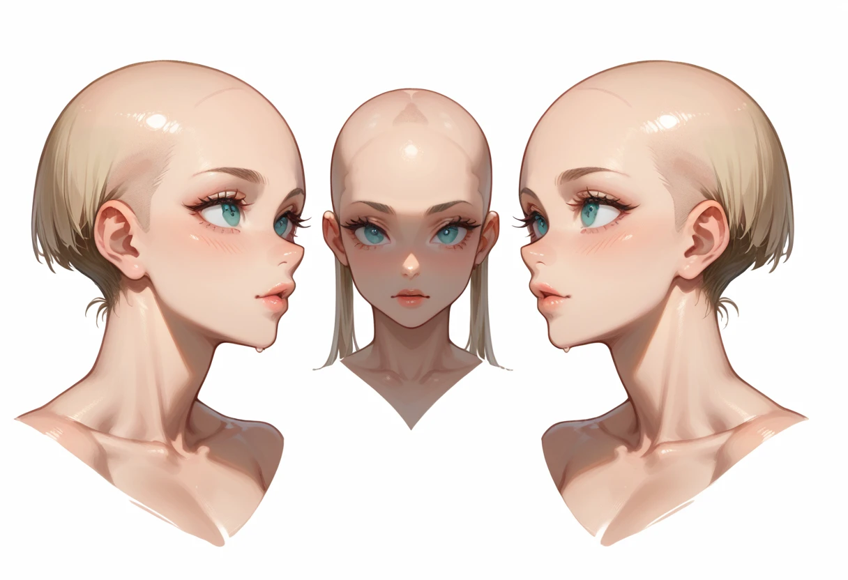 character sheet desing lady 2b from nier automata, only head. beauty face, perfect proportion, beauty, ultra detailed face. view: front view and orthogonal side view . (only head view) 2 views. beauty eyes. orthogonall views, no perspetive only orthogonal views. straight head, orthogonal view. symmetry. only 2 views..  no hair. bald. orthogonal front and side view. 