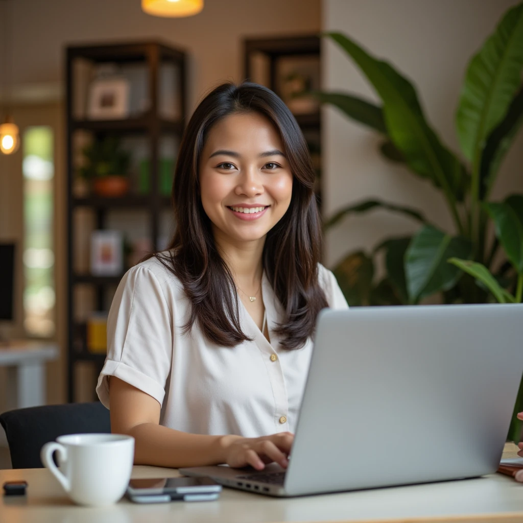 A cheerful Filipino virtual assistant working at her computer, smiling confidently as she types. She's seated at a modern, organized workspace with a laptop and a few neatly arranged office supplies. The background shows a cozy home office with soft lighting, tropical plants, and a cup of coffee nearby. Her expression is bright and happy, conveying productivity and satisfaction with her work. The scene is warm and inviting, capturing the positive energy of a remote work environment.