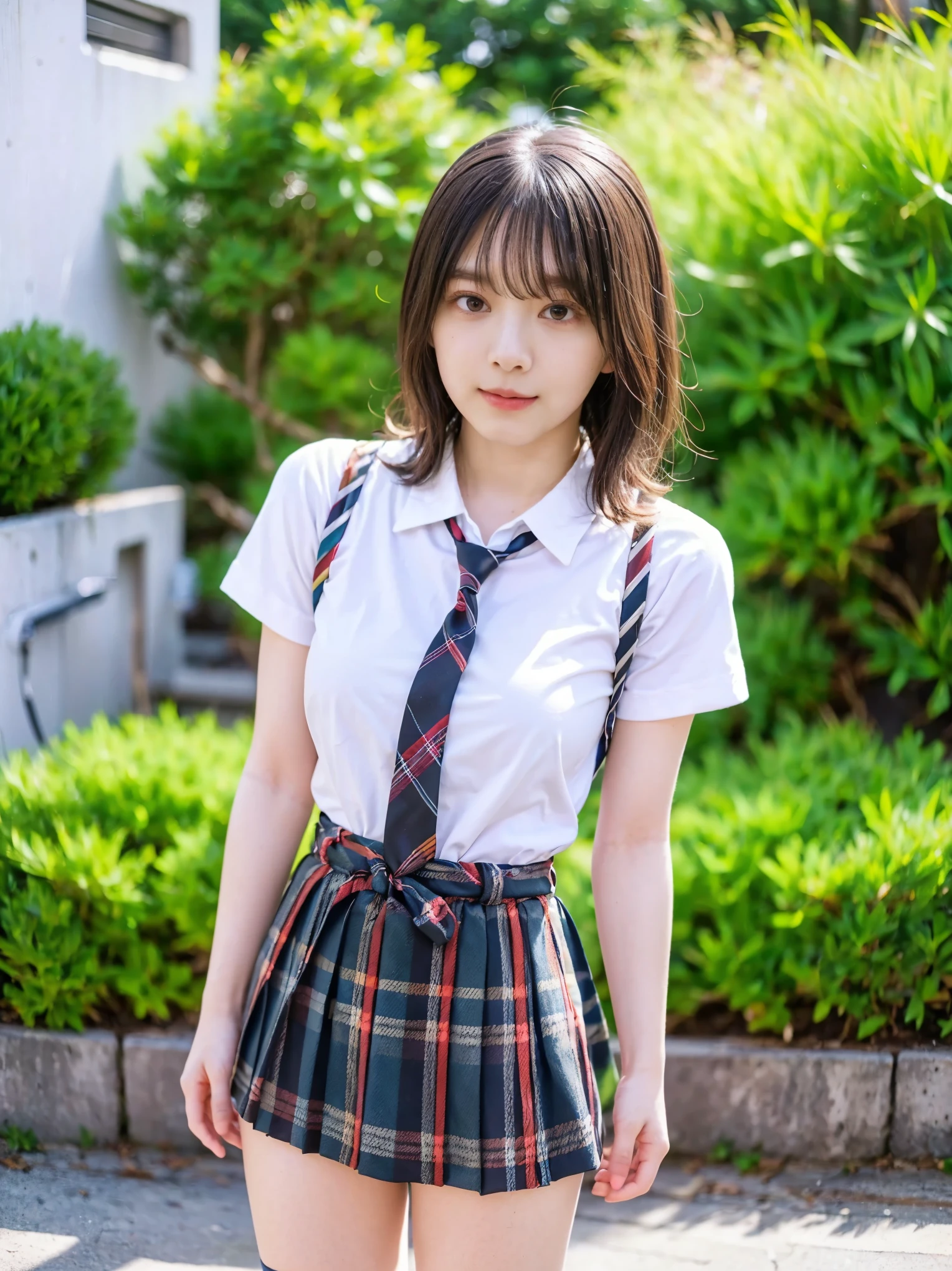 1 person、(8k、 RAW Photos、Best Quality、 High Quality、 masterpiece:1.2)、( real、 real)、1 person、( medium hair、Y shirt with white collar 、tie、Breast enlargement、 blue plaid mini short skirt、Thin legs、(Loose fitting socks、 wearing loose socks:1,2)、 sneakers 、View from the front、Looking into the camera、School grounds、( stand with your hands on your lower back, standing:1,2))、 cute、Show me your whole body、
