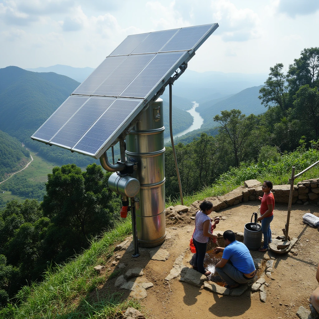 A filipino solar-powered water system on top of a mountain, with solar panels gleaming under the bright sun. A large water tank sits at the summit, connected to pipes running down into a remote village nestled below. River below the mountain with trees. Community members, including ren and elders, gather around a communal tap, joyfully filling buckets and containers with clean water. The setting is lush and green, with winding trails leading to the village. The sky is clear with soft clouds drifting over the landscape, capturing the harmony between sustainable energy and life-giving water. everyday life, philippines