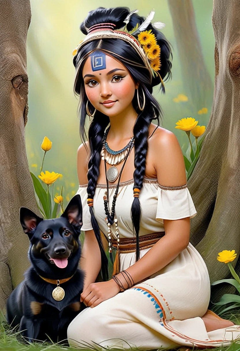 prompt:a whimsical, realistic,oil painted, there are trees in the background, there are yellow flowers all over the grass, there is a tipi and a thick trunk of a tree, a sits cross-legged in front of the trunk of the tree , she has jet black hair in two long braids, around her forehead she has an Indian headband with a kind of blue medal on it and two feathers pointing downwards on the side, in her ears she has the same blue medals with flosses on them, she has dark brown eyes, long eyelashes,light pink cheeks, a smile on her face, ze draagt een bruin indianen kleedje, in her feet she has espandrilles, on her legs sits a small brown dog, there are yellow flowers around her, HD,k9
