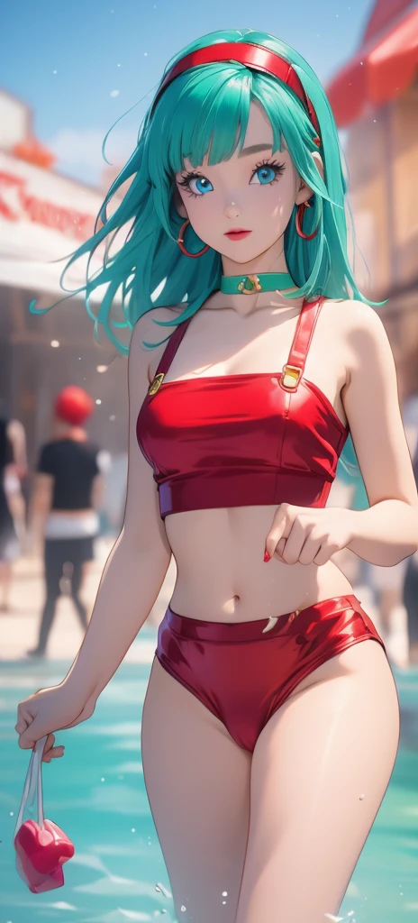 masterpiece, best quality, highest quality, photorealistic, perfect anatomy, perfect face, perfect eyes,
aqua hair, brabulladbgt, red hairband, red gloves, red crop top,  blue eyes, skirt, hoop earrings, choker, 1girl, outdoors, sexy pose, (((showing armpits and pussy half naked))) (((showing armpits))) (((showing armpits))) (((armpits))) 