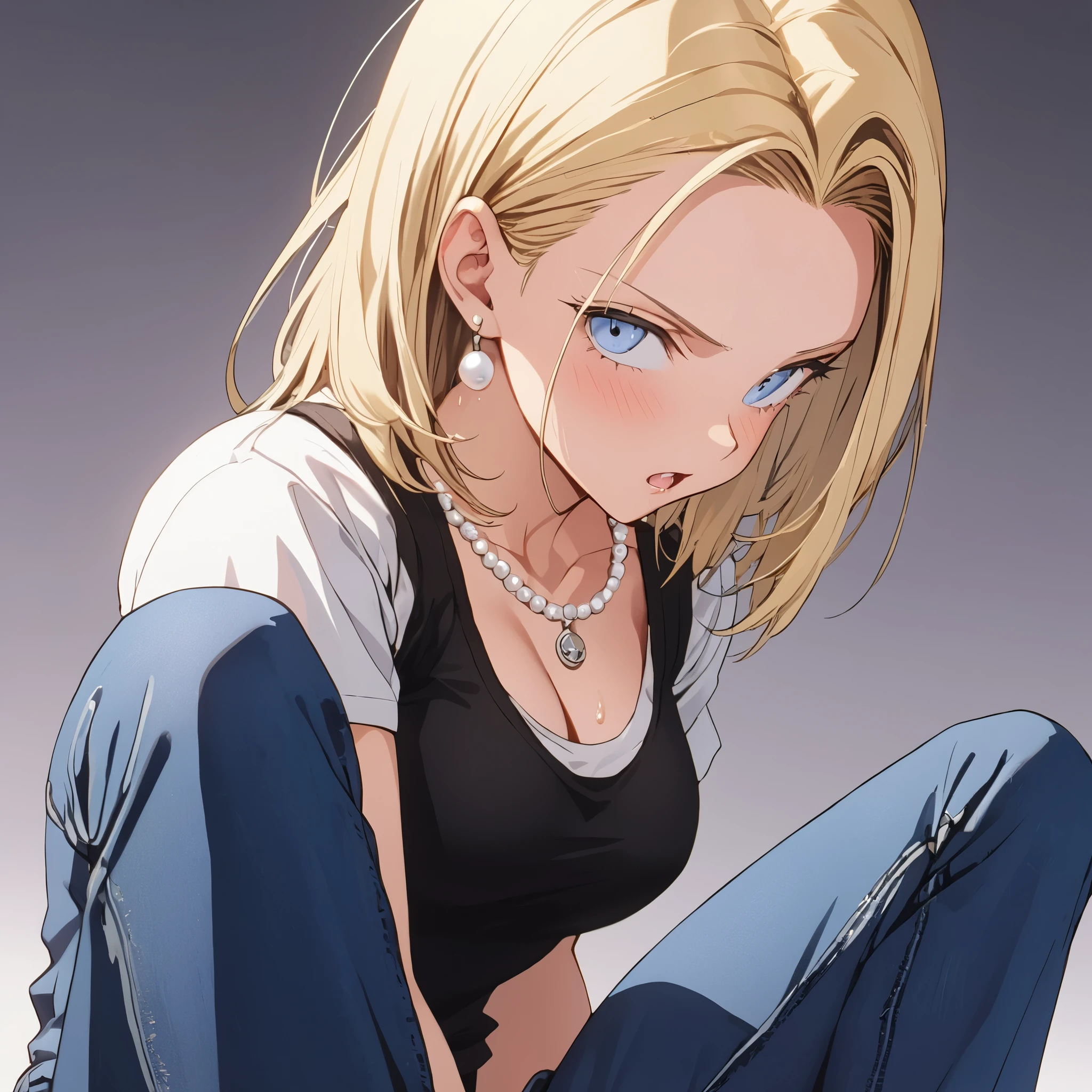 masterpiece, Best Quality, High resolution,16k,super detailed skin, (android 18),1990s \(style\),(E-cup beautiful breasts), (tall:1.2),height: 170cm,Fashion model body type,Sweating all over the body,{{muscular}}、1 girl,solo、(nsfw), blonde, blue eyes, (White T-shirt,jeans,black vest:1.5),Pearl_necklace, bracelet,{{ Short slicked back hair}},Earrings,(Cool face)、(Pointed Eyes),Big eyes,blush,cleavage,Anime-style painting style,,A composition that shows the whole body,Captivating look,BREAK(white simple background),cinematic lighting,superfine,dynamic angle,(sexy,ahegao,vulgarity:1.2),closeup