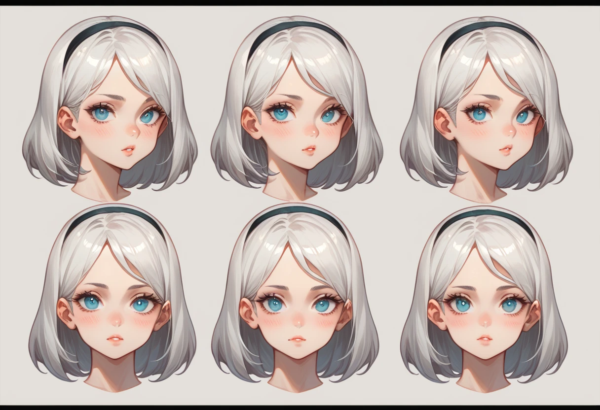 character sheet desing lady 2b from nier automata, only head. beauty face, perfect proportion, beauty, ultra detailed face. view: front view and orthogonal side view . (only head view) 2 views. beauty eyes. orthogonall views, no perspetive only orthogonal views. straight head, orthogonal view. symmetry. only 2 views.. hairless.