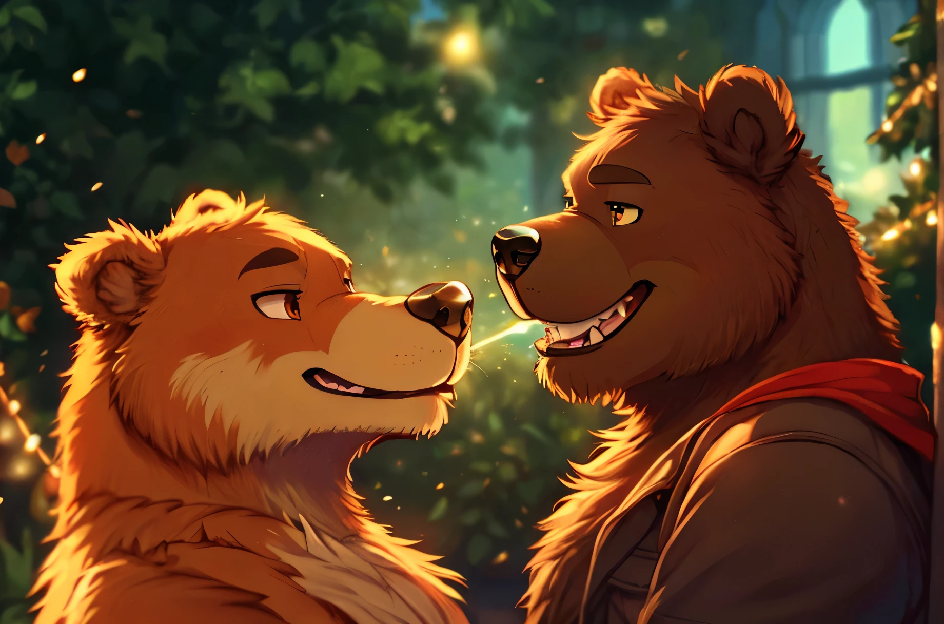 (masterpiece, highest quality, 16k, high quality, best quality:1.3, highres, digital painting \(artwork\), anthropomorphic, furry, bear, dog, uploaded_on_e621:1.4, detailed background,amazing background,light particles), SDNose2Nose, male/male, side view, nose to nose, boop, nose boop, 