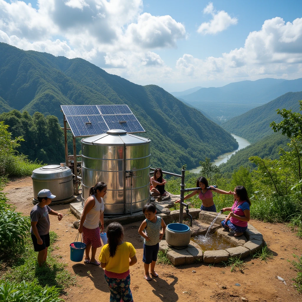 A filipino solar-powered water system on top of a mountain, with solar panels gleaming under the bright sun. A large water tank sits at the summit, connected to pipes running down into a remote village nestled below. River below the mountain with trees. Community members, including ren and elders, gather around a communal tap, joyfully filling buckets and containers with clean water. The setting is lush and green, with winding trails leading to the village. The sky is clear with soft clouds drifting over the landscape, capturing the harmony between sustainable energy and life-giving water. everyday life, philippines