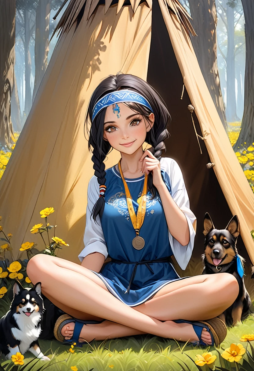 prompt:a whimsical, realistic,oil painted, there are trees in the background, there are yellow flowers all over the grass, there is a tipi and a thick trunk of a tree, a sits cross-legged in front of the trunk of the tree , she has jet black hair in two long braids, around her forehead she has an Indian headband with a kind of blue medal on it and two feathers pointing downwards on the side, in her ears she has the same blue medals with flosses on them, she has dark brown eyes, long eyelashes,light pink cheeks, a smile on her face, ze draagt een bruin indianen kleedje, in her feet she has espandrilles, on her legs sits a small brown dog, there are yellow flowers around her, HD,k9
