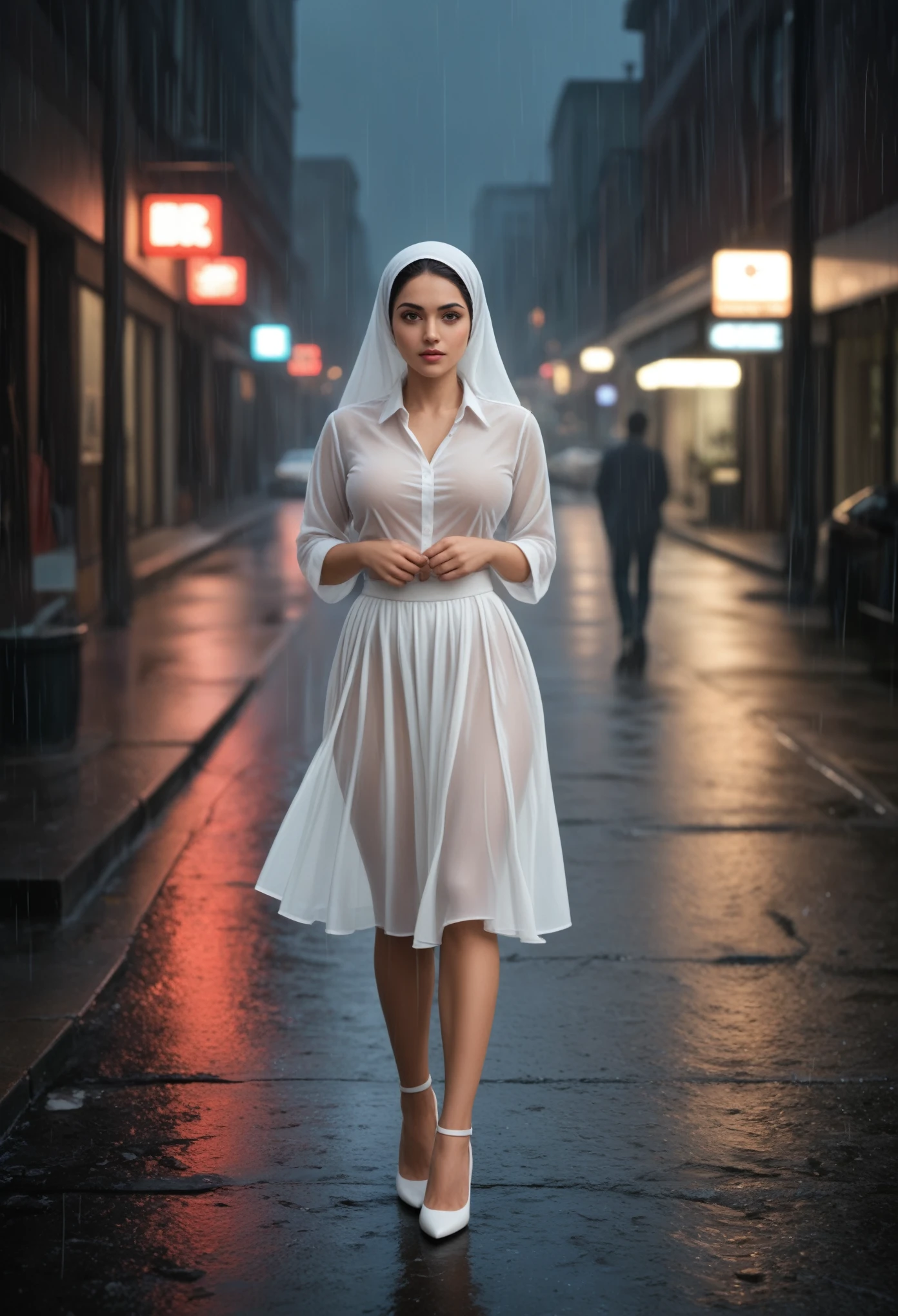 a beautiful woman with hijab,Elegant pleated long white skirt,semi-transparent shirt,big breasts,standing full body in the rain,high heels,on a street at night,wet by the rain,(The best quality,4k,8K,high resolution,masterpiece:1.2),Ultra detailed,(realistic,photorealistic,photo-realistic:1.37),portrait,Cinematographic lighting,dramatic shadows,melancholic atmosphere,realistic rain effects,bokeh,detailed facial features,hypnotizing eyes,delicate lips,elegant pose,cinematographic composition looking at the camera