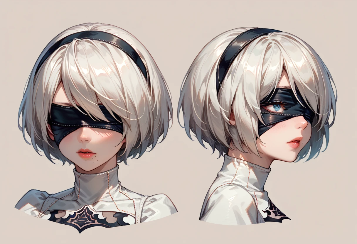 character sheet desing mature 2b from nier automata, only head. beauty face, perfect proportion, beauty, ultra detailed face. view: front view and orthogonal side view . (only head view) 2 views. beauty eyes. orthogonall views, no perspetive only orthogonal views. straight head, orthogonal view. symmetry. only 2 views, hairless