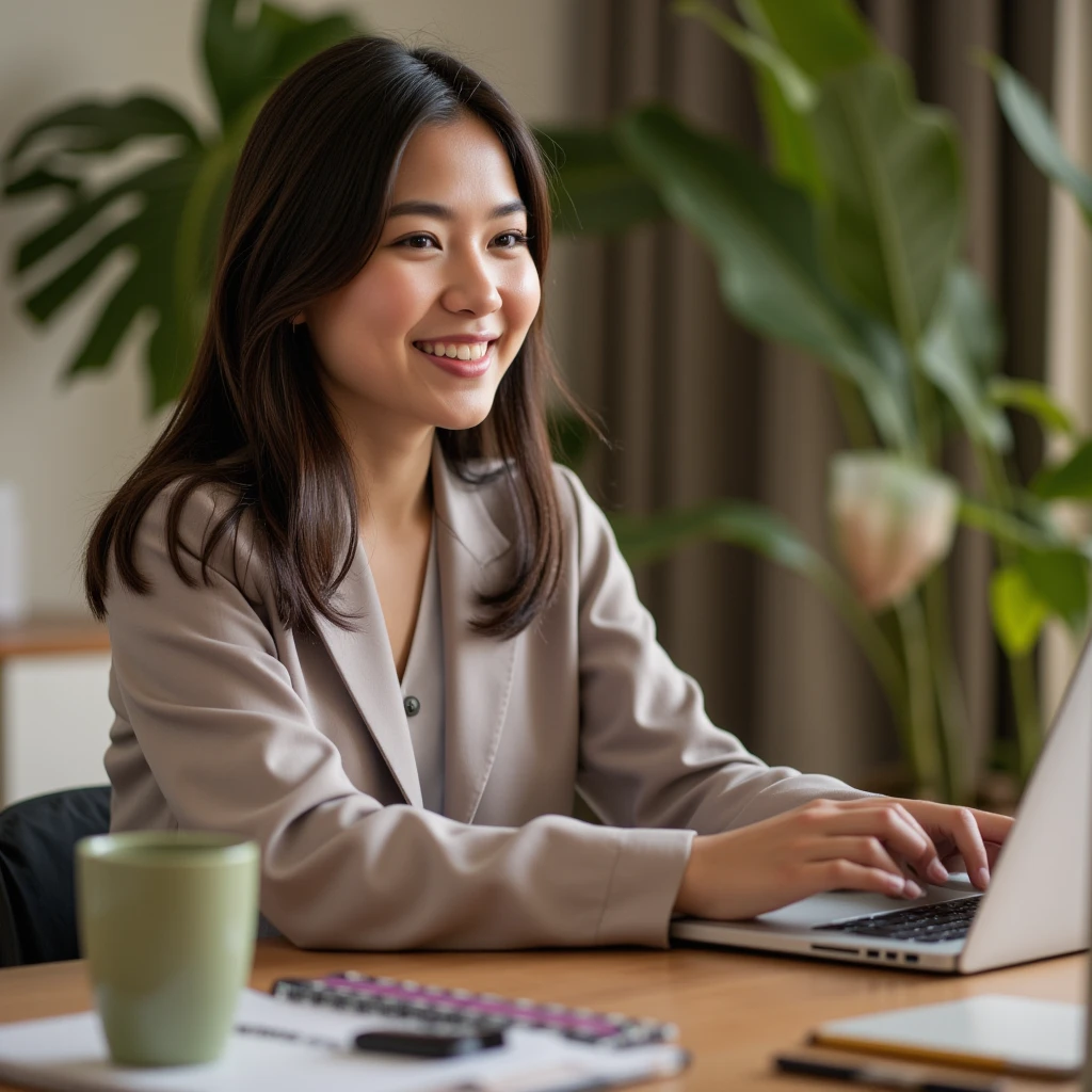 A cheerful Filipino virtual assistant working at her computer, smiling confidently as she types. She's seated at a modern, organized workspace with a laptop and a few neatly arranged office supplies. The background shows a cozy home office with soft lighting, tropical plants, and a cup of coffee nearby. Her expression is bright and happy, conveying productivity and satisfaction with her work. The scene is warm and inviting, capturing the positive energy of a remote work environment.