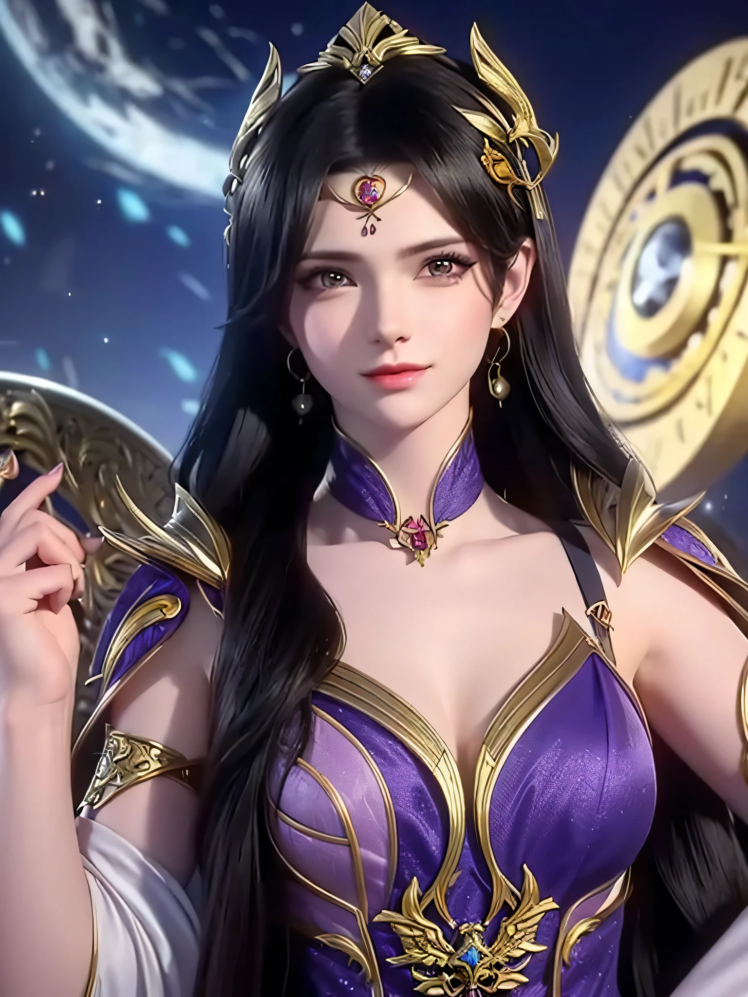 The image is a close-up portrait of a young woman with long dark hair and a fierce expression on her face. She is wearing a purple and gold outfit with intricate details on her neck and shoulders. Her hair is styled in loose waves and she has a pair of gold earrings on her forehead. The background is blurred, but it appears to be an outdoor setting with a blue sky and a golden structure. The woman is holding a large, circular object in her left hand, which is likely a weapon or a shield. The overall mood of the image is intense and powerful.