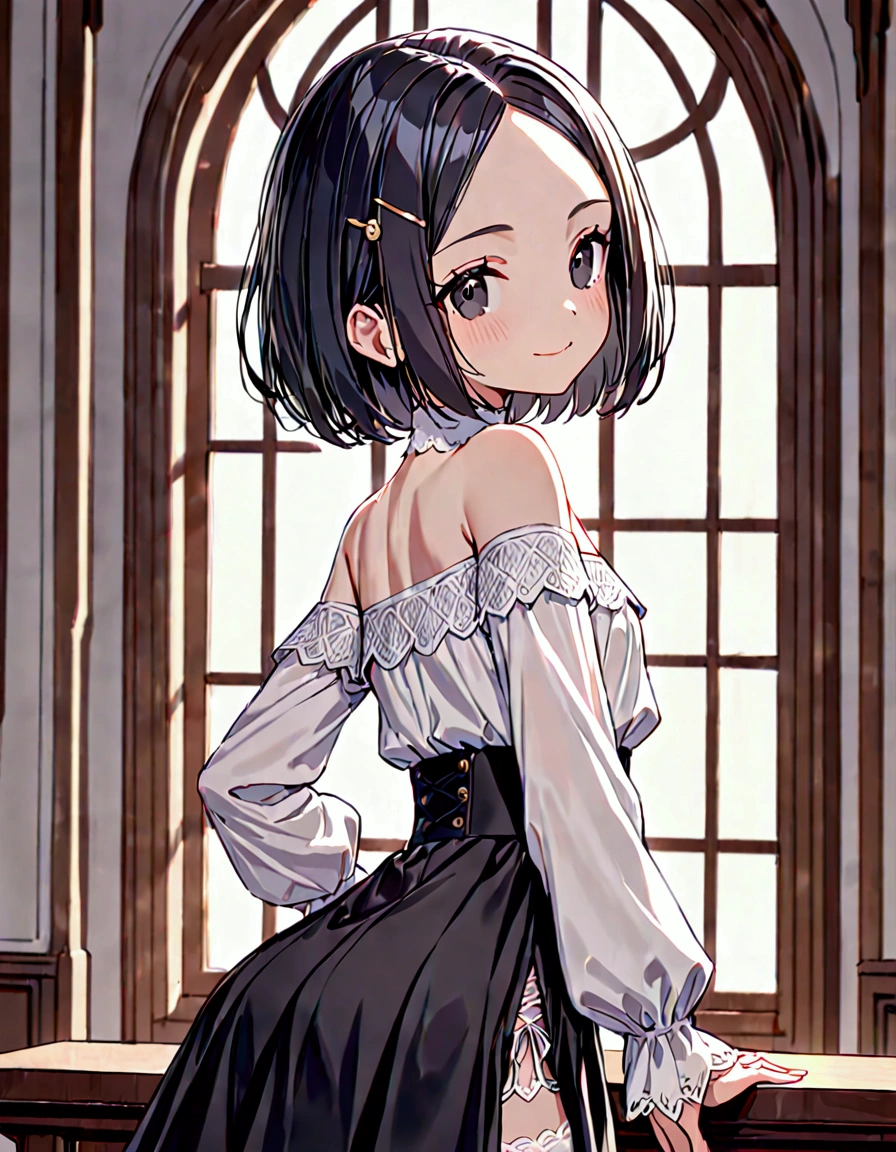 (masterpiece)(best quality)(ultra detailed)(high resolution),solo, petite girl, black hair short hair, bob cut, (forehead:1.2)(hairpin in center parted bangs:1.2), black eyes, slender body, medium hip, light smile, milky white blouse off-shoulder blouse, long sleeves, black skirt high waist flared skirt, indoors, milky white stockings with lace trim, upper body above knees, from side, pose of looking back,