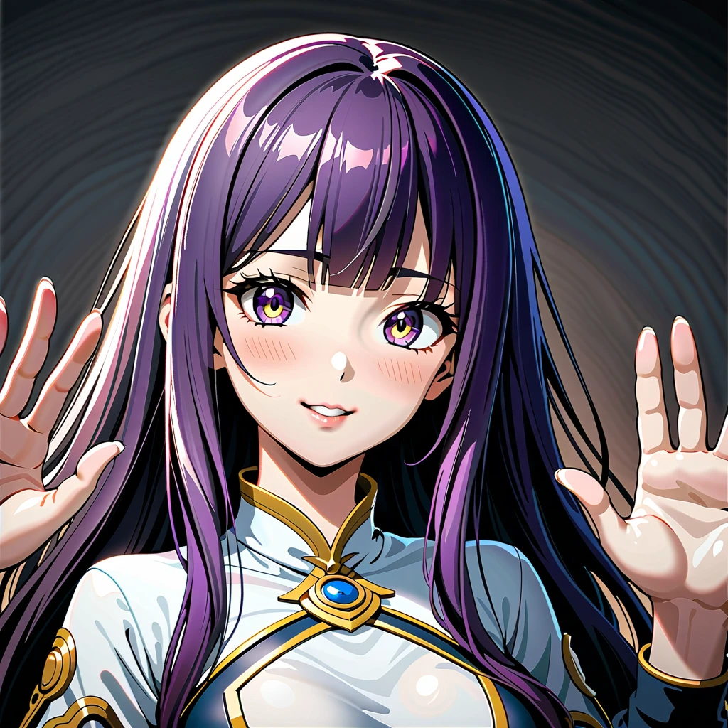 Masterpiece, 4K, HDR, full HD, (best quality), (ultra detailed), (only), intricate ANIME TYPE, best quality, 1girl, ((deep purple hair)) , hyper beautiful face, perfect anatomy, shiny skin, full body, alone, long hair, looking at viewer, perfect hands, perfect legs, super detailed clothes, intricate clothes, hyper detailed cloths, super detailed face, super detailed skin, super detailed quality, expressive eyes, brown eyes, super detailed eyes, JK, epngekatsuragimisato ,  SDXL Illustration Design Beautiful Girl 2D Beautiful Girl Digital Painting Comic Ukiyo-e Watercolor Manga Other,ROUGH, smile, blushing, dynamic pose, American shot, cowboy shot, portrait quality, super detailed hands, super detailed fingers, very beautiful fingers, very beautiful hands, The image created is 3/4 of the body, bright red lipstick, standing facing the viewer, stylized fingers, detailed female fingers, standing, EPpkNurseJoy, 