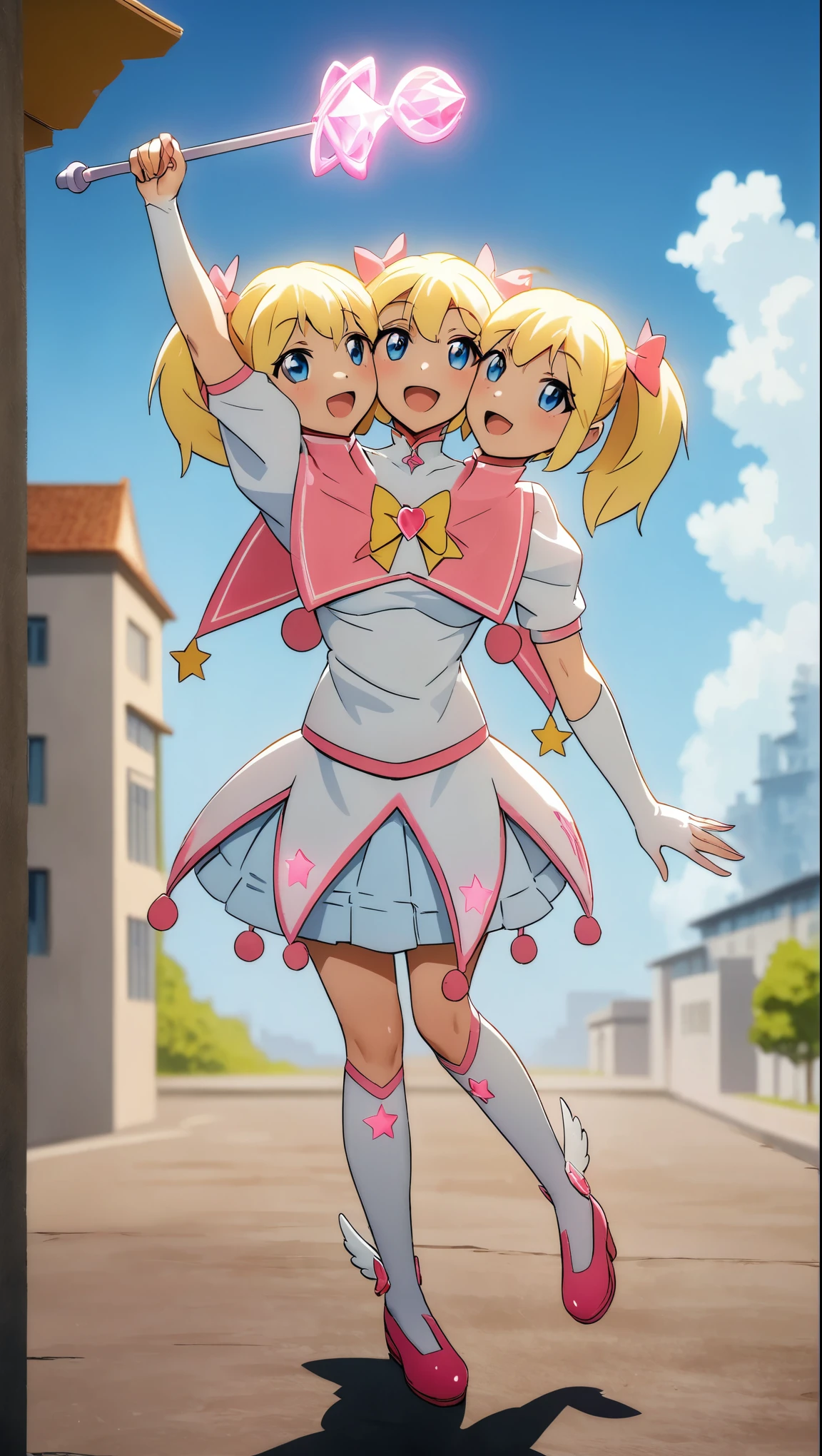 (masterpiece, best quality), best resolution, 16k, full body shot, perspective view, (mahou shoujo, magical girl), 1girl, solo, (three heads: 1.5), young girl, holding a crystal magic wand, clean thick and thin lines, (magical girl style), twin tails, ribbons, shine sparkles, (glow), magical effects, star sparkles, wings on shoes, anime cinematic, soft lighting, vibrant colors, soft colors, digital painting, highly detailed, (bright lighting, detailed shadow), (standing on the floor), blue sky, school building background