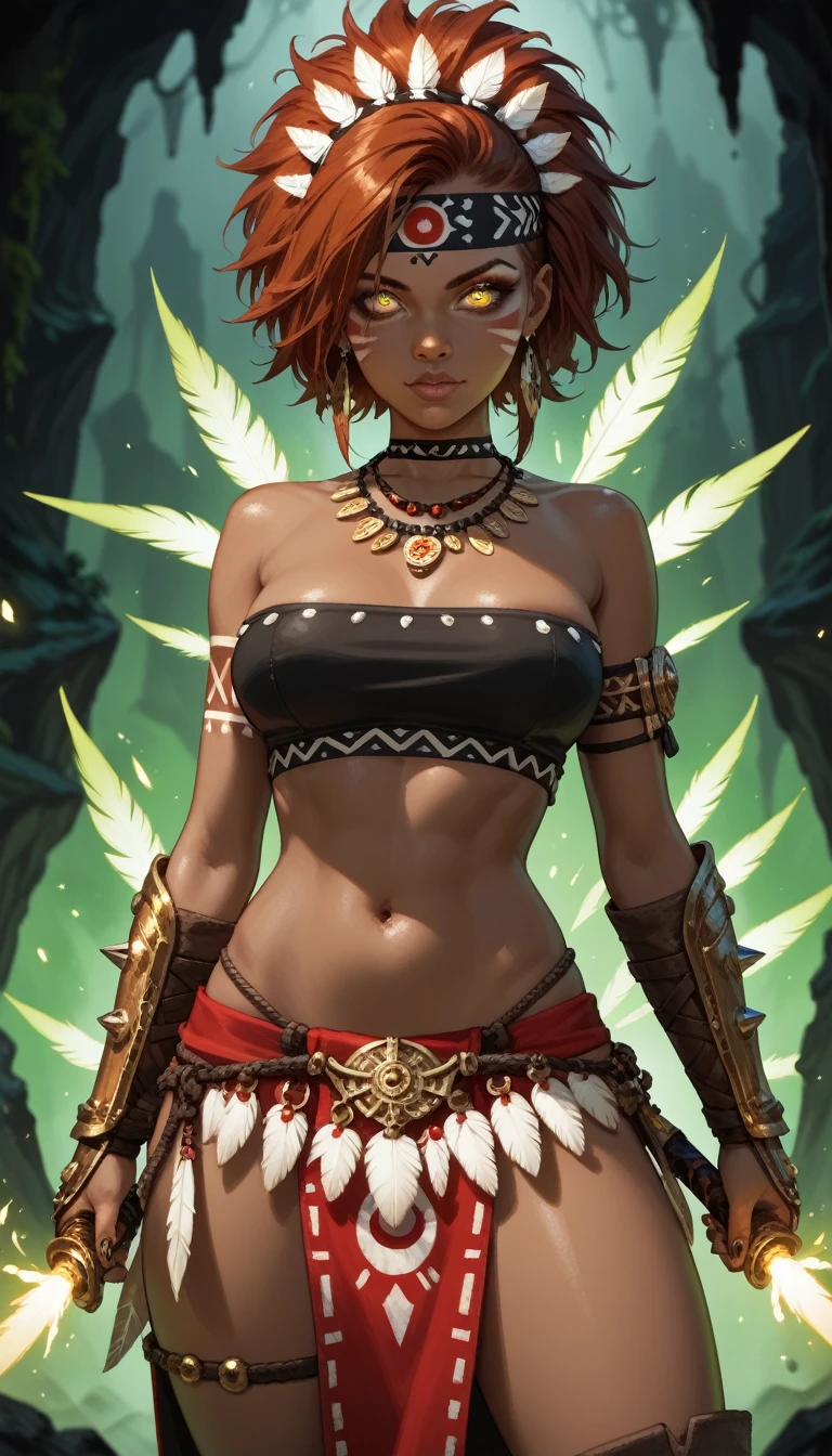 Solo, dark skinned girl, really short hair, spiked hair, auburn hair, golden eyes, ((Eye Focus)), Glowing Eyes, Feathered Tribal Headband, Feather Leather Vestments, Tribal Makeup, Pocketed Cloth Pants, Jeweled golden necklaces, Jeweled gauntlets, ((green magic in both hands)), In Combat, Blacklit Cave Background, Purple Blacklight 