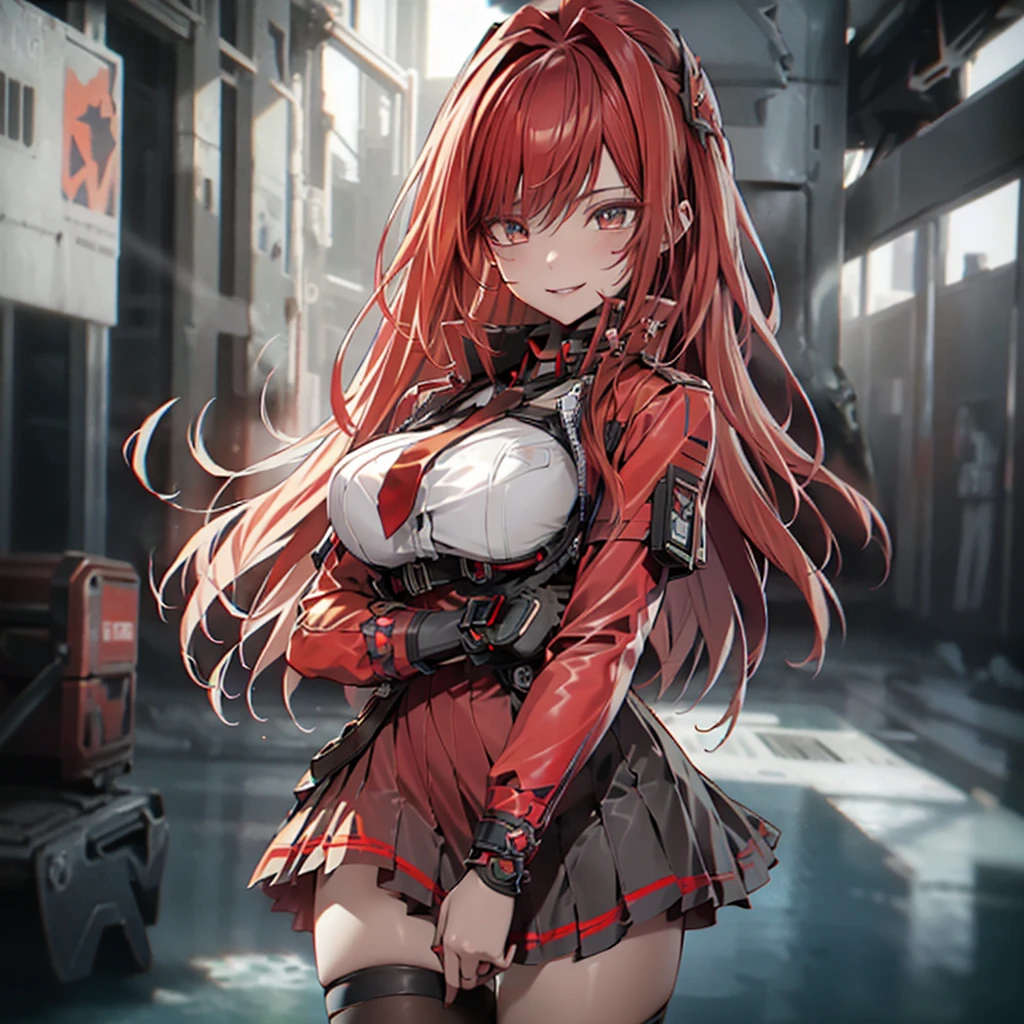 ((Best quality)), ((masterpiece)), (detailed:1.4), 3D, an image of a beautiful cyberpunk female, Yandere , Yandere Face , Trance , Detailed Eyes ,Trance Eyes , yameroyandere , constricted pupils , yandere , empty eyes . shaded face , crazy eyes , glowing eyes , crazy smile , dark red hair, long burning red hair, burning hair, light brown eyes, Red Barret, Red Soldier Shirt, Red Jacket cloth, black panty, black skirt, Grenade belt, Big chest, Big thigh, High thigh black knee sock, full view of girl, battlefield background, black combat boot, red necktie, black glove, black combat suit, ammo belt, HDR (High Dynamic Range),Ray Tracing,NVIDIA RTX,Super-Resolution,Unreal 5,Subsurface scattering,PBR Texturing,Post-processing,Anisotropic Filtering,Depth-of-field,Maximum clarity and sharpness,Multi-layered textures,Albedo and Specular maps,Surface shading,Accurate simulation of light-material interaction,Perfect proportions,Octane Render,Two-tone lighting,Wide aperture,Low ISO,White balance,Rule of thirds,8K RAW,