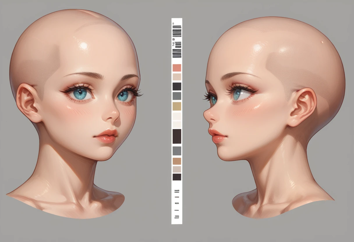 character sheet desing lady 2b from nier automata, only head. beauty face, perfect proportion, beauty, ultra detailed face. view: front view and orthogonal side view . (only head view) 2 views. beauty eyes. orthogonall views, no perspetive only orthogonal views. straight head, orthogonal view. symmetry. only 2 orthogonal views. 3d style , bald model