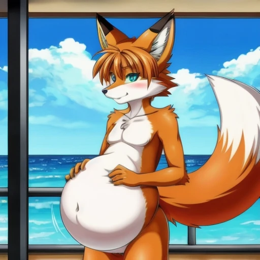 shota fox gay with Orange fur and dark green eyes,body trembling and uncomfor face,being sex a gay fat old man human, showing a view behind asshole being Stretch on the sky by cock , with a picture of Sperm around go into egg, beach background 