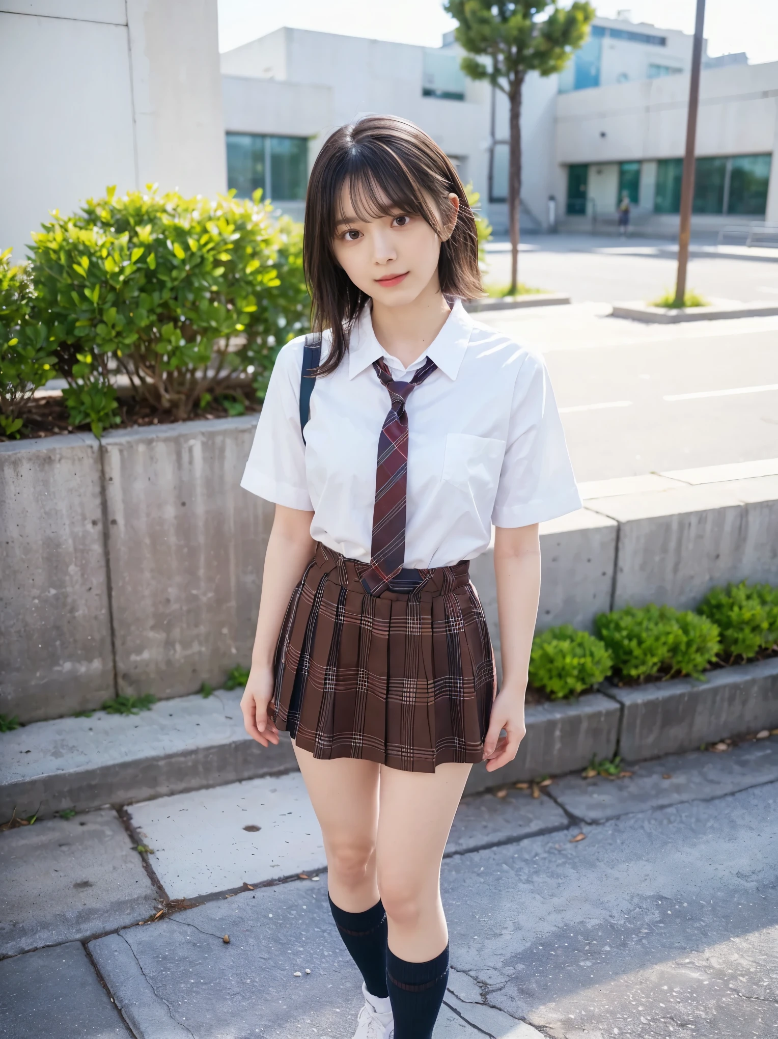 女の子1 person、(8k、 RAW Photos、Best Quality、 High Quality、 masterpiece:1.2)、( real、 real)、1 person、(Dark brown hair and medium hair 、Y shirt with white collar 、tie、Breast enlargement、 blue plaid mini short skirt、Glowing Skin、Thin legs、(Loose fitting socks、 wearing loose socks:1,2)、 sneakers 、View from the front、School grounds、( stand with your hands on your lower back, standing:1,2))、 cute、Show me your whole body、