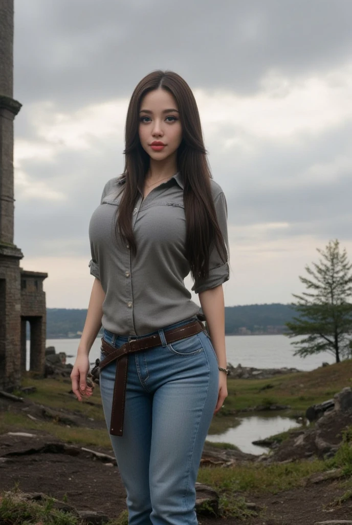 Thai Woman, look at viewer, long hair, shirt, jeans, cloud, day, sky,outdoors, post-apocalypse, ruins, scenery, tree, water,