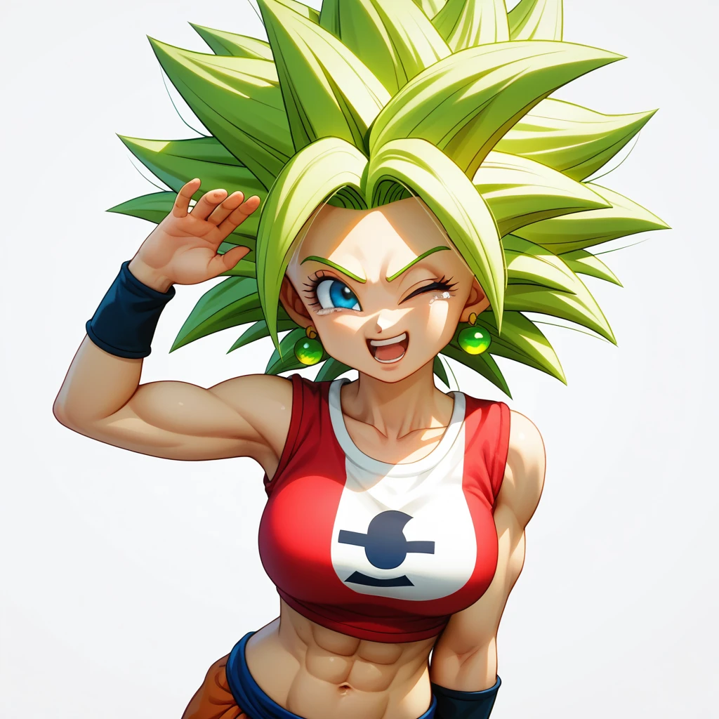 ((Black line work )),  detailed line work , Slim abs, (( masterpiece )), ((Golden ratio)), ((dynamic)), ((natural)) (( The best quality)), ((ultra-detailed)), (( kefla dragon ball super )), {1 woman}, {neon green hair}, {Super Saiyan}, { Dragon Ball Super character style},  blue eyes , green earrings {{sexy}},  large breasts , (Casual clothing), , {{ perfect anatomy }}, ,  white background, pose laughing eyes closed by laughter , some tears come out of my eyes ,  emote style cartoon cute  ,  hip up view ,  (Chibi:1.4,  