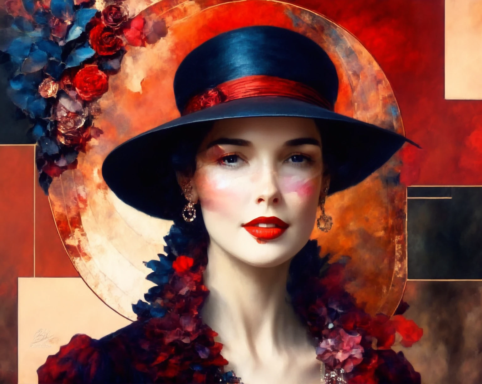  Painting of a woman with a hat and red lipstick, elegant digital painting, Bela arte UHD 4K,  exquisite digital illustration , elegant woman, elegant lady,   Digital art of an elegant Victorian dress  , rich, deep colors. A masterpiece,  beautiful digital artwork ,  red hat , rich, deep colors. masterpiece, detailed face with red lips ,  stunning digital art , beautiful painting, woman with a hat 