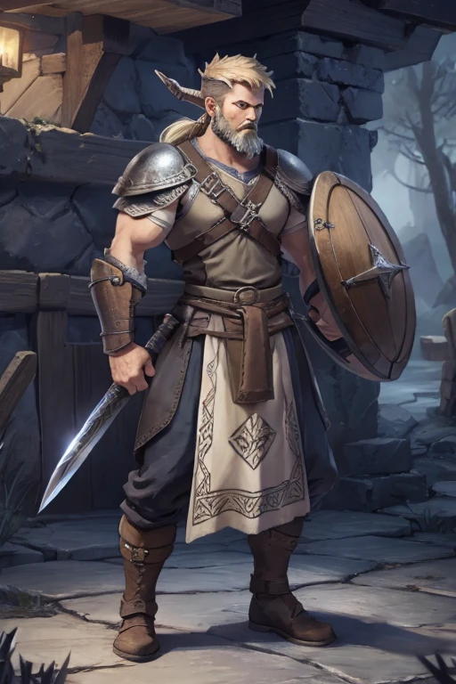 arafed man with a beard, a sword, a shield, viking and templar aesthetics, viking attire, detailed viking rune armor, unreal engine character art, norse warrior, viking warrior, viking style, amazing 8k character concept art, detailed viking armor, small character. unreal engine 5, hyperdetailed fantasy character, ancient viking warrior, viking armor, norse inspired