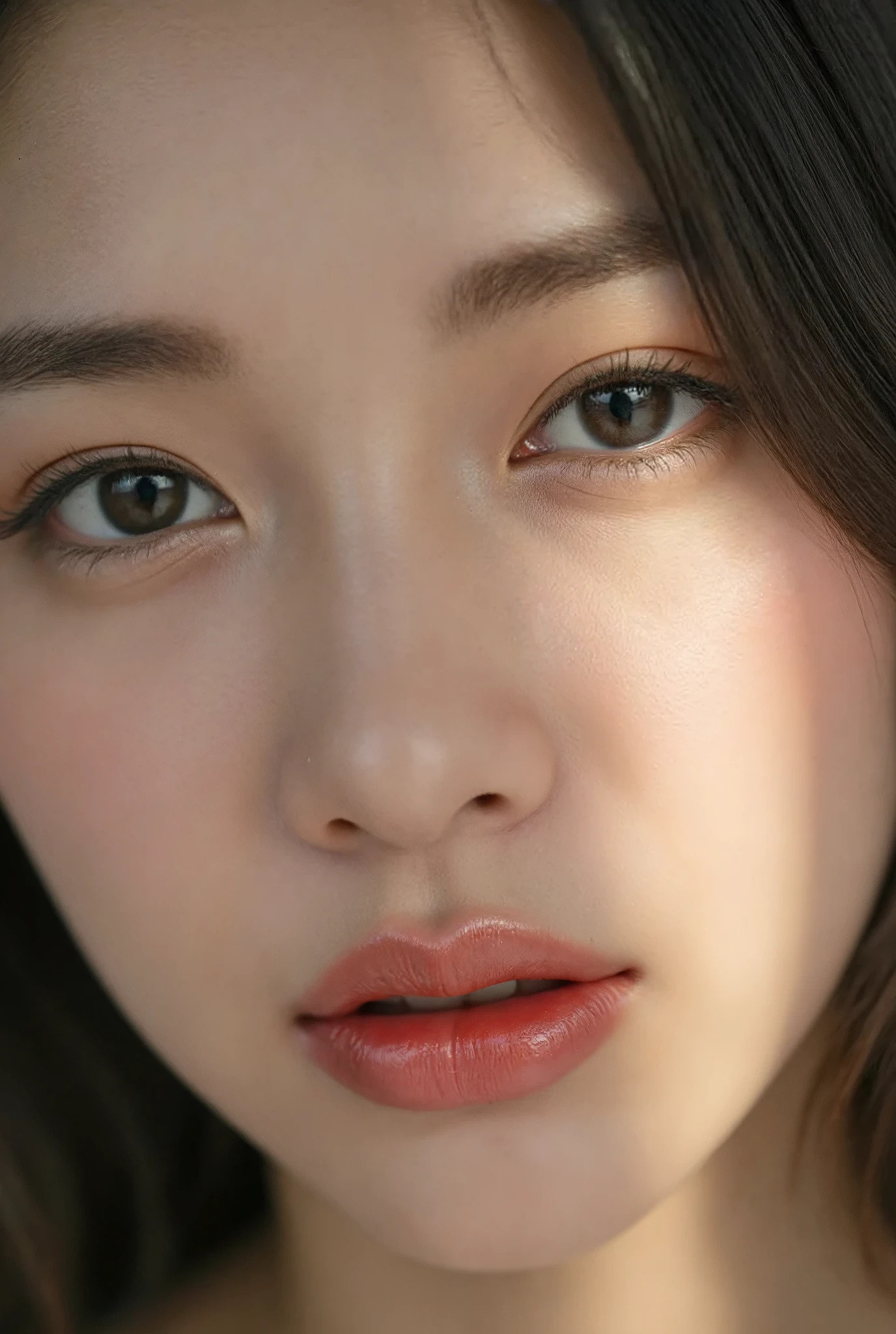 A hyper-realistic close-up comparing both sides of a Thai woman's face, one side with vintage makeup style and smooth, porcelain-like skin, the details capturing each eyelash and subtle freckle