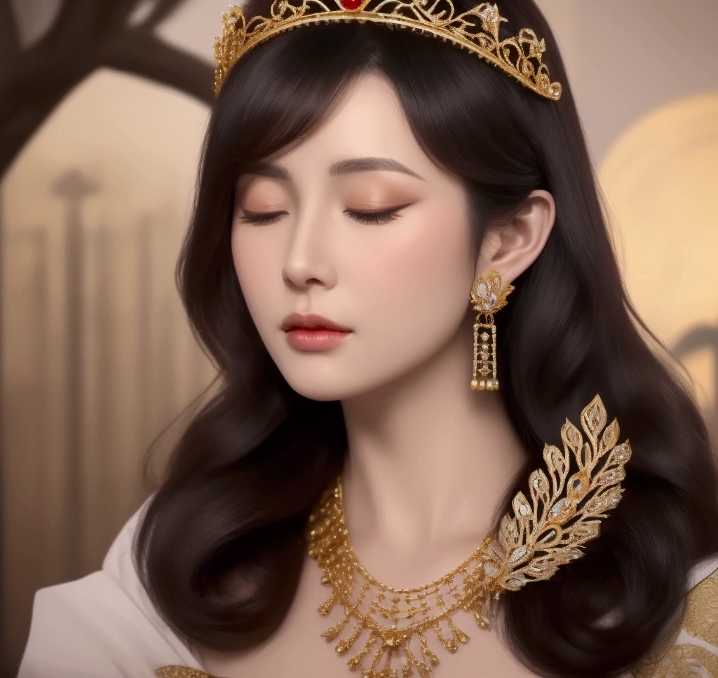 The image is a close-up portrait of a woman's face. She has dark hair styled in loose curls and is wearing a gold headpiece with intricate designs and jewels. The headpiece is in the shape of a crown with a red stone in the center. The woman's eyes are closed and her expression is peaceful and serene. She is also wearing a pair of gold earrings with dangling tassels. The background is blurred, but it appears to be a cityscape with buildings and trees. The overall mood of the image is regal and luxurious.