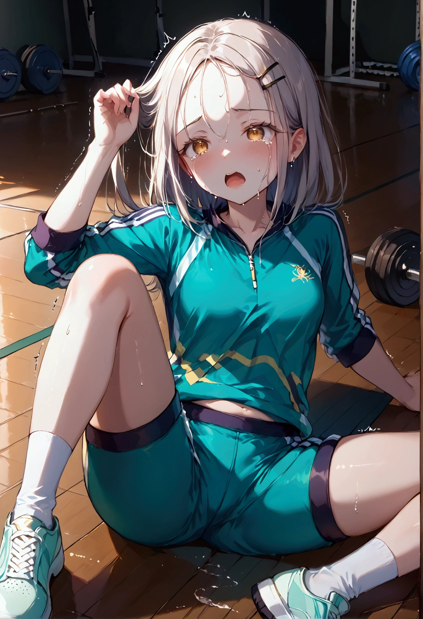 High image quality 、masterpiece、  high quality、Full HD、4K、 seen from the front、Sit down、Leg spread、Place your hands on the ground、Show me white athletic shoes、 cream hair、 golden eyes、Droopy eyes、Forehead、black hairpin 、green and white jersey、 green shorts、black sport tights、Small breasts、 putting up with it、trembling、despair、Screaming、Crying face、tears、sweat、Inside the gym