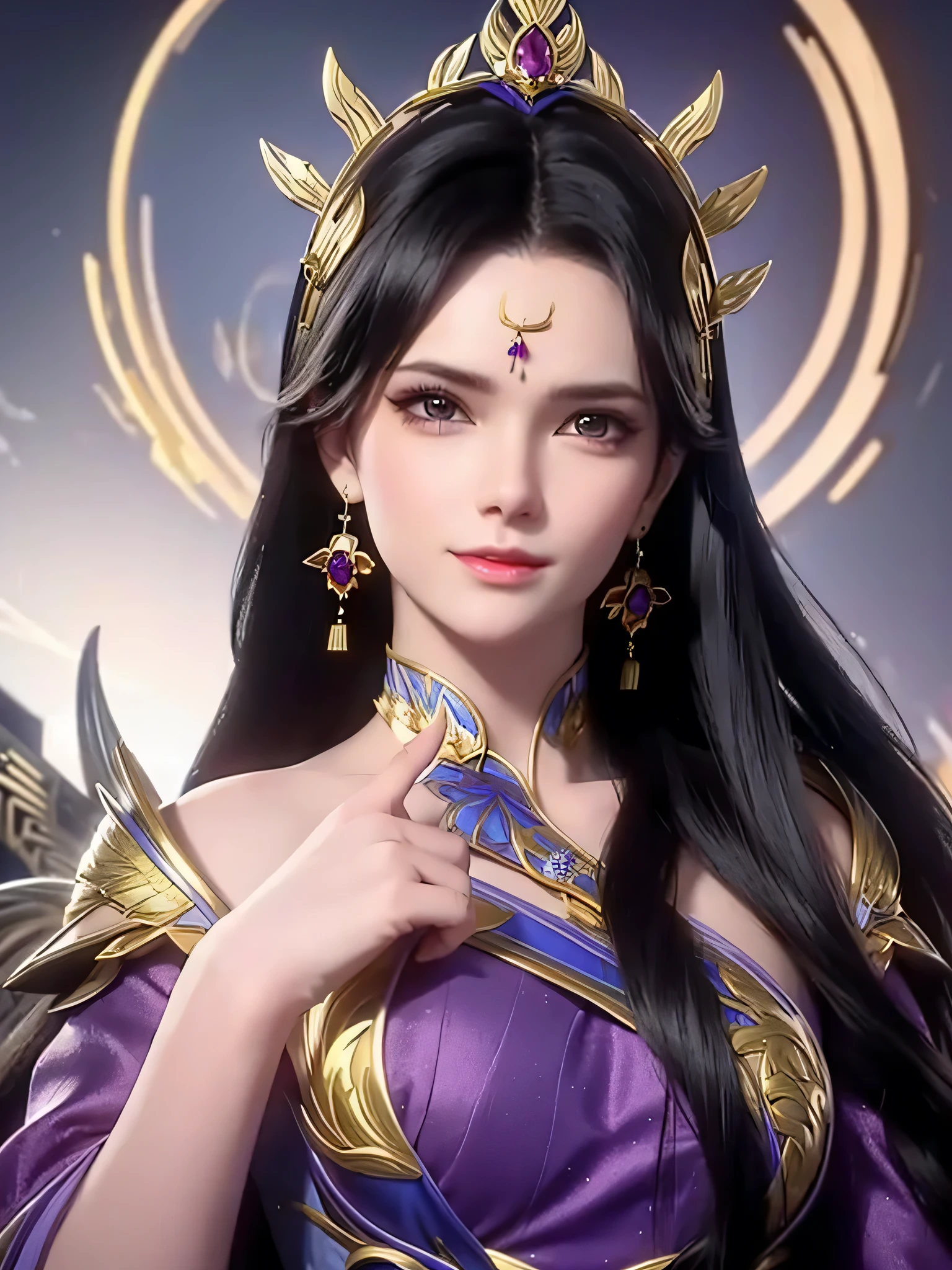 The image is a close-up portrait of a young woman with long dark hair and a fierce expression on her face. She is wearing a purple and gold outfit with intricate details on her neck and shoulders. Her hair is styled in loose waves and she has a pair of gold earrings on her forehead. The background is blurred, but it appears to be an outdoor setting with a blue sky and a golden structure. The woman is holding a large, circular object in her left hand, which is likely a weapon or a shield. The overall mood of the image is intense and powerful.