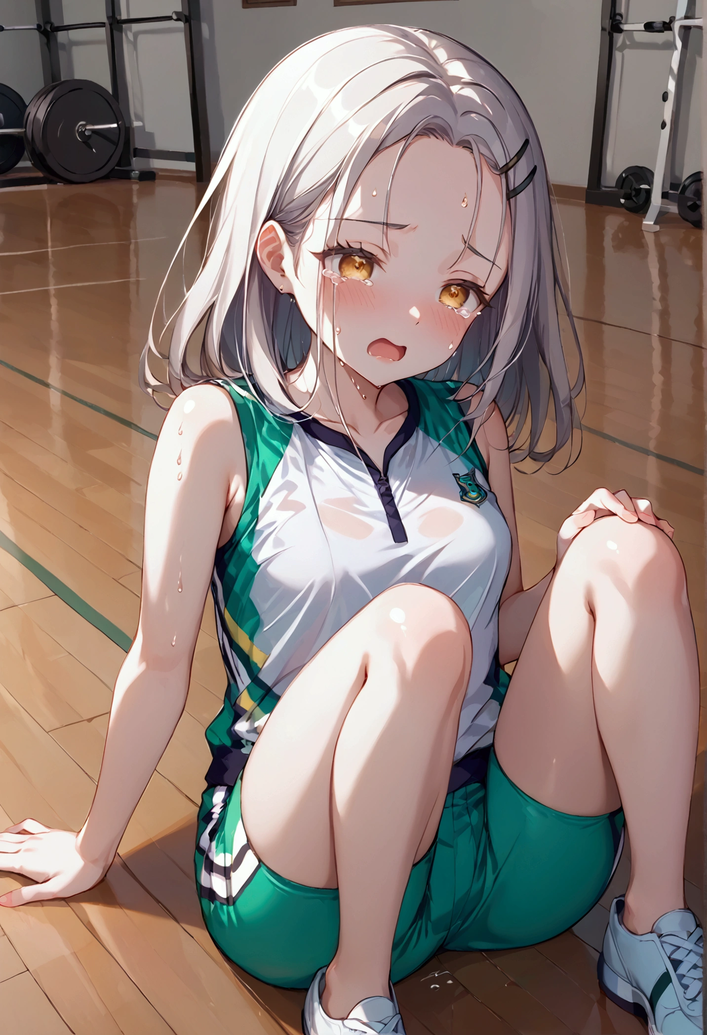 High image quality 、masterpiece、  high quality、Full HD、4K、 seen from the front、Sit down、Leg spread、Place your hands on the ground、Show me white athletic shoes、 cream hair、 golden eyes、Droopy eyes、Forehead、black hairpin 、green and white jersey、 green shorts、black sport tights、Small breasts、 putting up with it、trembling、despair、Screaming、Crying face、tears、sweat、Inside the gym