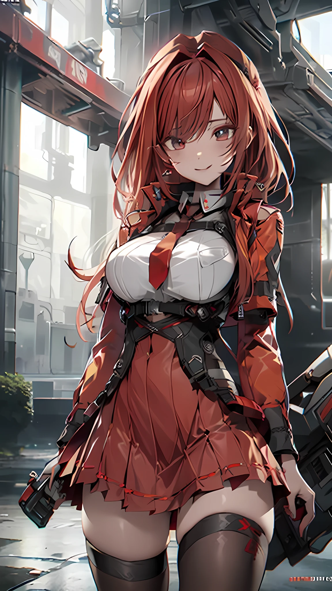 ((Best quality)), ((masterpiece)), (detailed:1.4), 3D, an image of a beautiful cyberpunk female, Yandere , Yandere Face , Trance , Detailed Eyes ,Trance Eyes , yameroyandere , constricted pupils , yandere , empty eyes . shaded face , crazy eyes , glowing eyes , crazy smile , dark red hair, long burning red hair, burning hair, light brown eyes, Red Barret, Red Soldier Shirt, Red Jacket cloth, black panty, black skirt, Grenade belt, Big chest, Big thigh, High thigh black knee sock, full view of girl, battlefield background, black combat boot, red necktie, black glove, black combat suit, ammo belt, HDR (High Dynamic Range),Ray Tracing,NVIDIA RTX,Super-Resolution,Unreal 5,Subsurface scattering,PBR Texturing,Post-processing,Anisotropic Filtering,Depth-of-field,Maximum clarity and sharpness,Multi-layered textures,Albedo and Specular maps,Surface shading,Accurate simulation of light-material interaction,Perfect proportions,Octane Render,Two-tone lighting,Wide aperture,Low ISO,White balance,Rule of thirds,8K RAW,