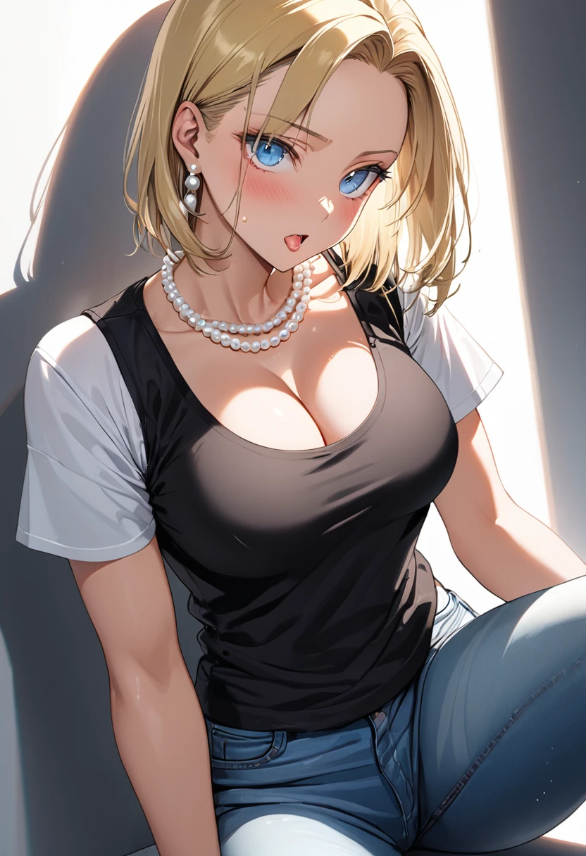 masterpiece, Best Quality, High resolution,16k,super detailed skin, (android 18),1990s \(style\),(E-cup beautiful breasts), (tall:1.2),height: 170cm,Fashion model body type,Sweating all over the body,{{muscular}}、1 girl,solo、(nsfw), blonde, blue eyes, (White T-shirt,jeans,black vest:1.5),Pearl_necklace, bracelet,{{ Short slicked back hair}},Earrings,(Cool face)、(Pointed Eyes),Big eyes,blush,cleavage,Anime-style painting style,,A composition that shows the whole body,Captivating look,BREAK(white simple background),cinematic lighting,superfine,dynamic angle,(sexy,ahegao,vulgarity:1.2)