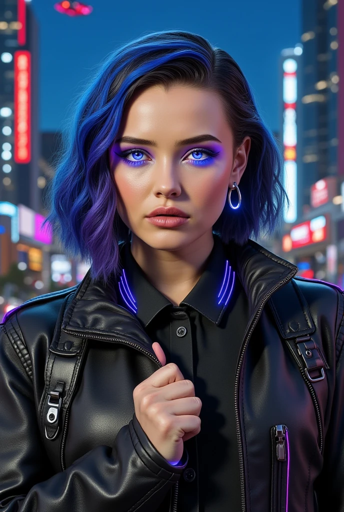 " Portrait of a woman in cyberpunk 2077 style ,  with smooth skin and realistic appearance ,  luminous cybernetic eyes and short hair vibrant blue or purple,  partially shaved on the sides .  She wears a black leather jacket with details in neon blue and purple ,  and there are technological implants visible along her face and neck . The expression is serious and intense ,  and the background is a futuristic night city , with neon lights,  tall buildings and flying cars in the background . photorealistic style,  with attention to detail in the skin texture ,  glitter of implants and reflections of neon lights on her face ."