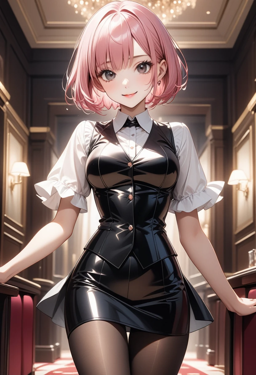 (((formal cropped jacket))), ((bustier)), ((skirt)), ((pantyhose)), ((shiny outfit)), skindentation, skinny, alone, solo, 1 woman, Masterpiece, highest quality, highest quality, 16K, incredibly absurd, highly detailed, 2.5D, ai-generated, delicate and dynamic, very delicate facial expressions, delicate eye depiction, erotic, only sexy woman, ((A cute and kind face)), healthy figure, ((25-year-old woman)), 160cm tall, ((medium firm swaying bust)), medium breasts, (short hair), (pink hair:1.5), bob cut, black eye, blush, Sweat,Embarrassed,sexy, ((thin thighs)), (camel toe:0.7), (visible nipples:0.5), (Erect nipples,:0.7), shiny and lustrous, facing straight at viewer, smile, ((Oily_skin)), dark skin, ((standing)), ((arm at side)),
