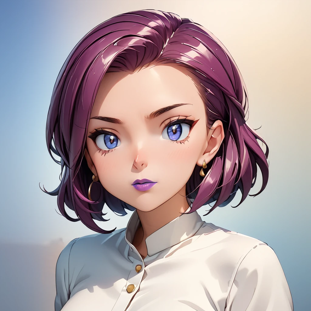 Masterpiece, 4K, HDR, full HD, bright blue lips, 1girl, ((deep purple hair)), JK, epngekatsuragimisato ,  SDXL Illustration Design Beautiful Girl 2D Beautiful Girl Digital Painting Comic Ukiyo-e Watercolor Manga Other,ROUGH, American shot, portrait quality, jessie, 