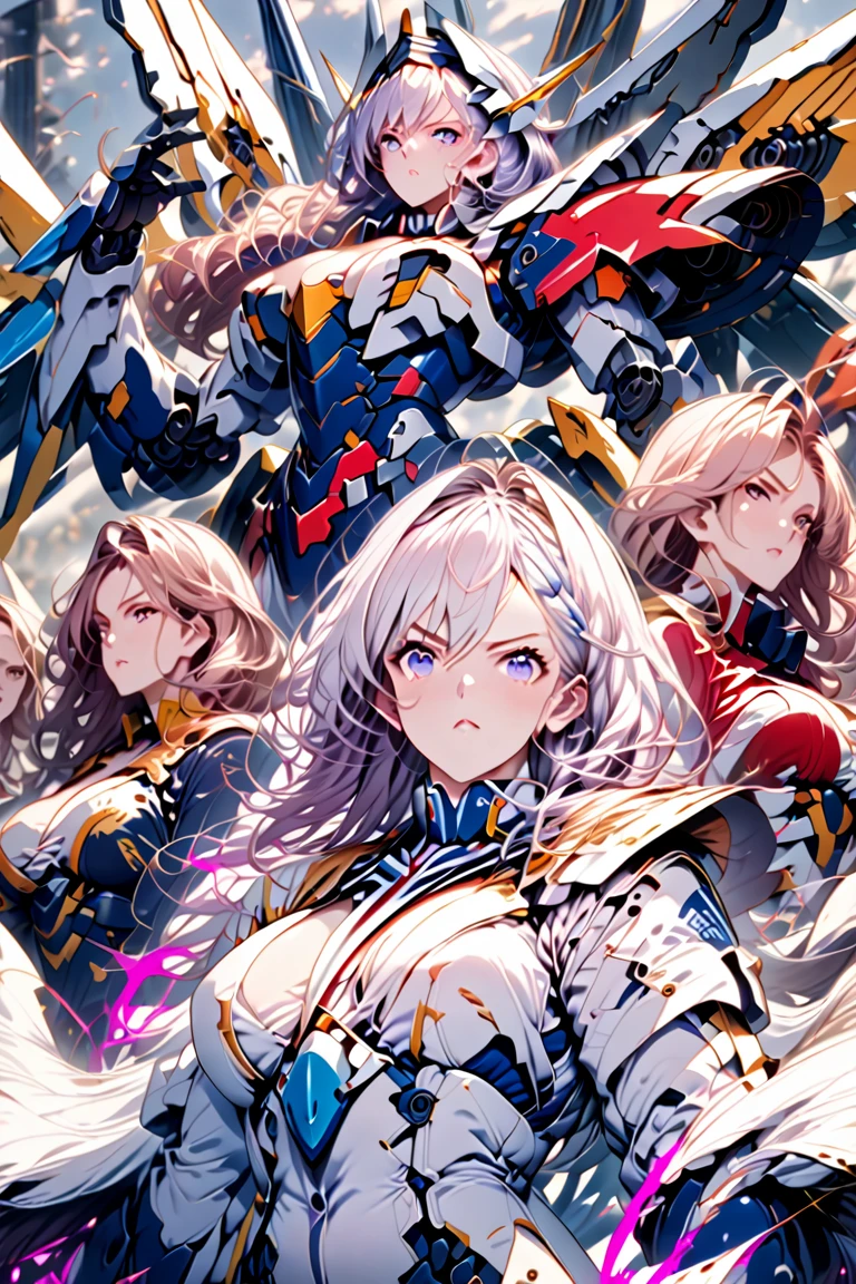 Anime, high detailed, multiple womans, mature womans, mecha armor, large mechanical wings, large Gauntlet, serious, curvy body, long mechanical wings, mecha weapons、Colored armors、magenta Colored aura、BLUE Eyes, elongated pupils,  Mature Woman、magenta aura、womans surrounding, all woman's picture, background the sideral space 