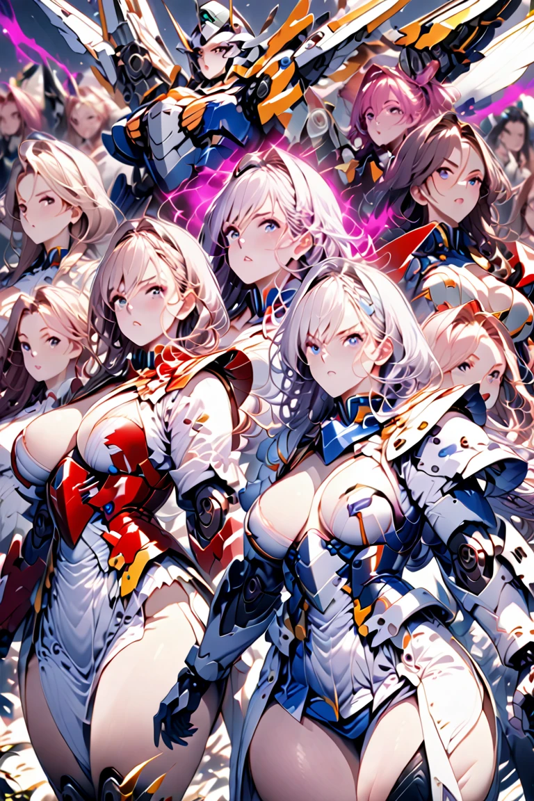 Anime, high detailed, multiple womans, mature womans, mecha armor, large mechanical wings, large Gauntlet, serious, curvy body, long mechanical wings, mecha weapons、Colored armors、magenta Colored aura、BLUE Eyes, elongated pupils,  Mature Woman、magenta aura、womans surrounding, all woman's picture, background the sideral space 