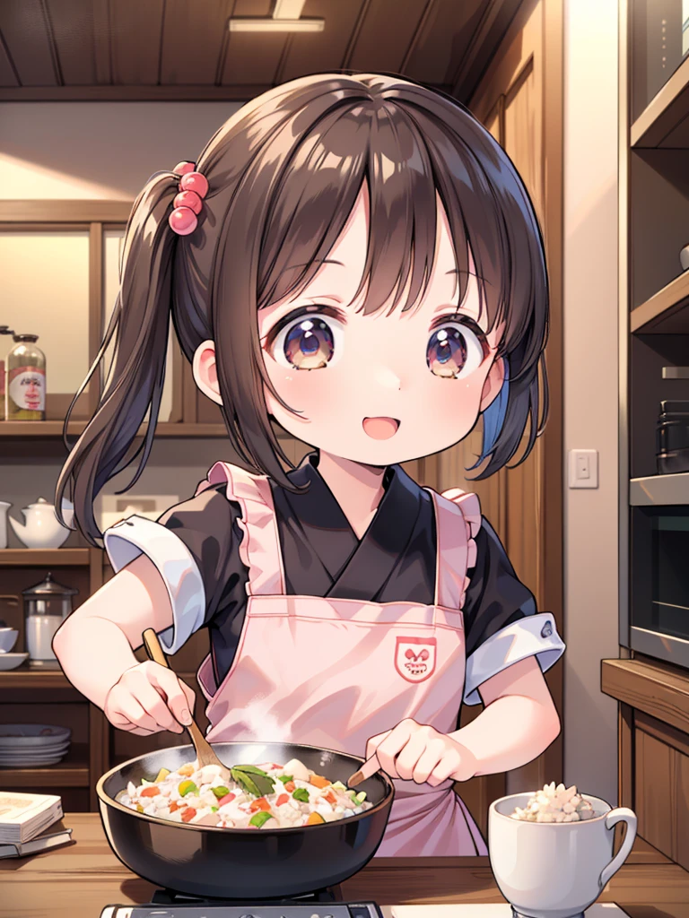 (masterpiece, ultra-detailed, best quality, clear focus, dramatic scene, cinematic), shadow, (ultra-high resolution, 8k), perfect anatomy, perfect face, (detailed face, detailed eye), cute Japanese girl, famous Japanese idol, very beautiful and cute and cool face, dynamic pose, dynamic angle, (she is cooking at the home kitchen, She is making fried rice in a wok, Professional powerful gas stove), happy smile, wearing a cute colored and gorgeous decorated chef's uniform, pink apron, antique furnishings , 