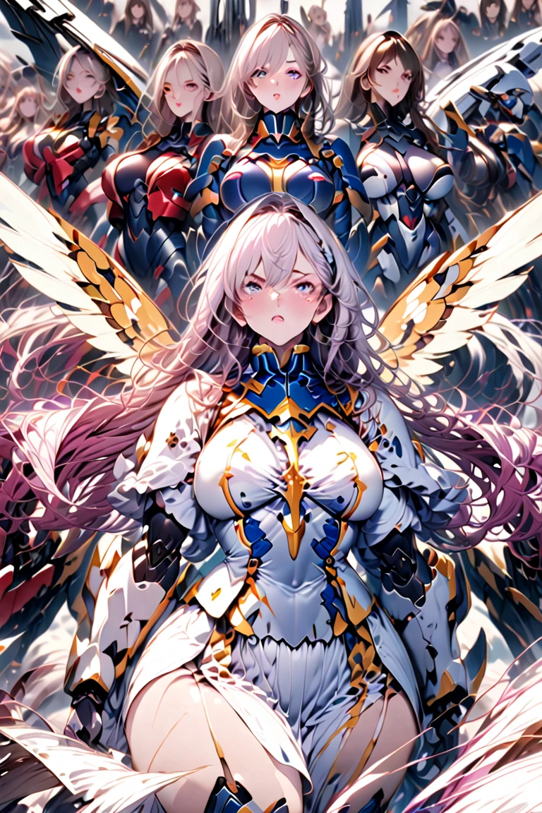 Anime, high detailed, multiple womans, mature womans, mecha armor, large mechanical wings, large Gauntlet, serious, curvy body, long mechanical wings, mecha weapons、Colored armors、magenta Colored aura、BLUE Eyes, elongated pupils,  Mature Woman、magenta aura、womans surrounding, all woman's picture, background the sideral space 