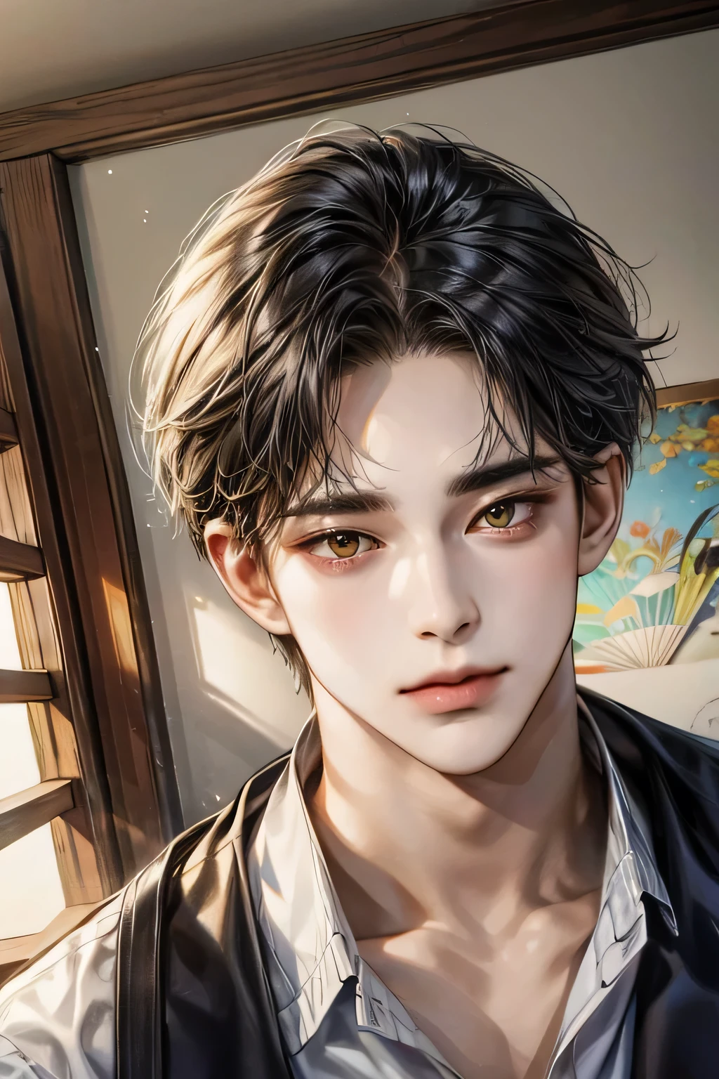 masterpiece, best quality, Detailed Eyes, high quaility, 1 male, male, 1 boy, gentle, soft, handsome, tall, black hair, yellow eyes, have a broad shoulders, One person, a hadsome man, Korean man, cool man, ((현진이랑 얼굴 비슷함))、 undercut, ((짧은 머리)), skinny, ((블랙 수트를 입고 있어)), ((심플한 배경))